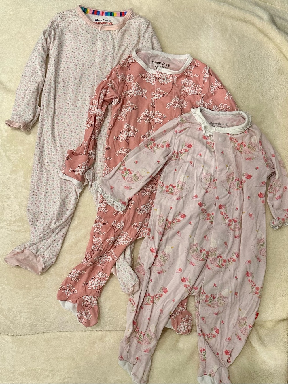 Magnetic Me Pink and Rose Baby Footie Pajamas - Set of 3